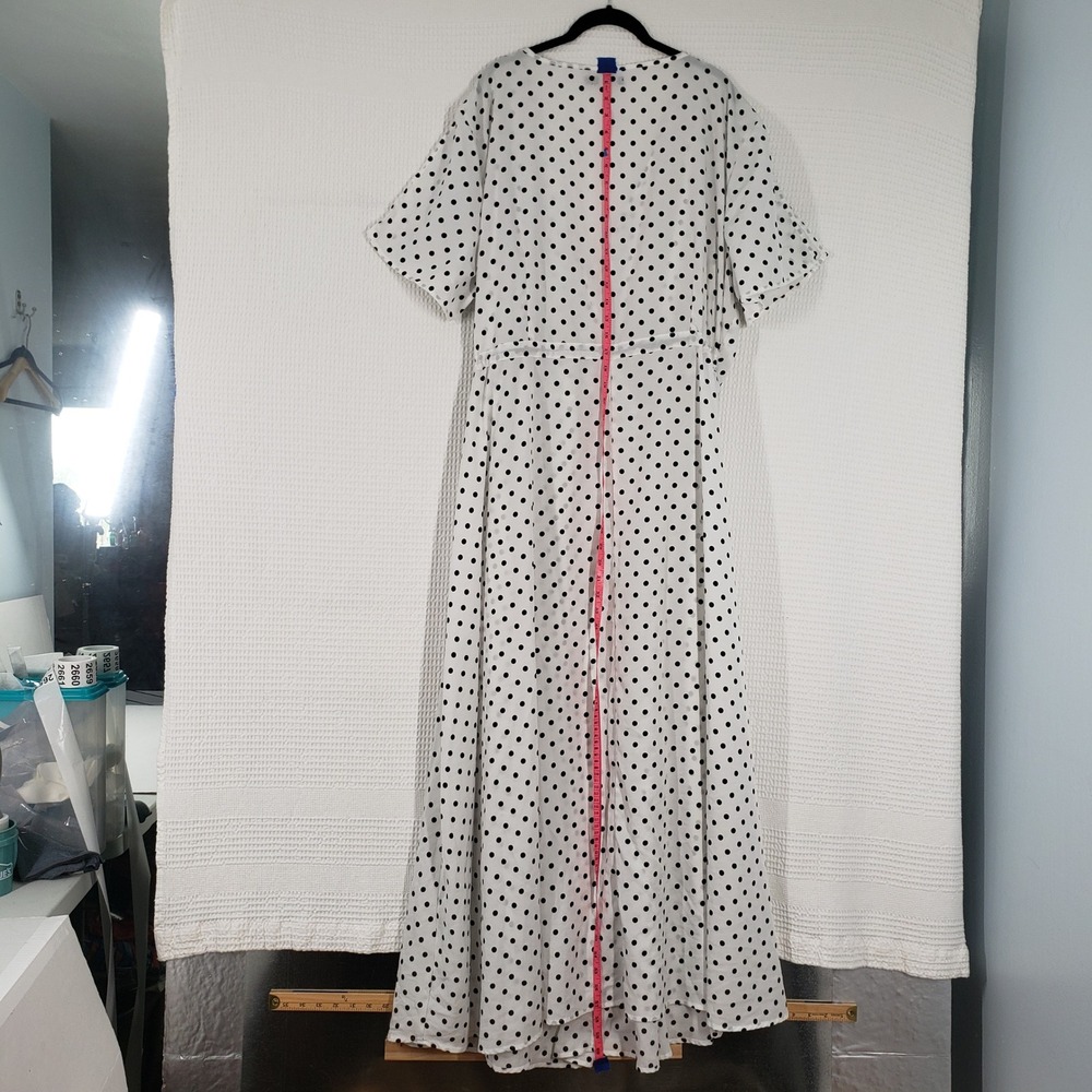 Boohoo Wrap Maxi Dress Womens 24 White Black Polka Dot Short Sleeve Romantic - Picture 8 of 16
